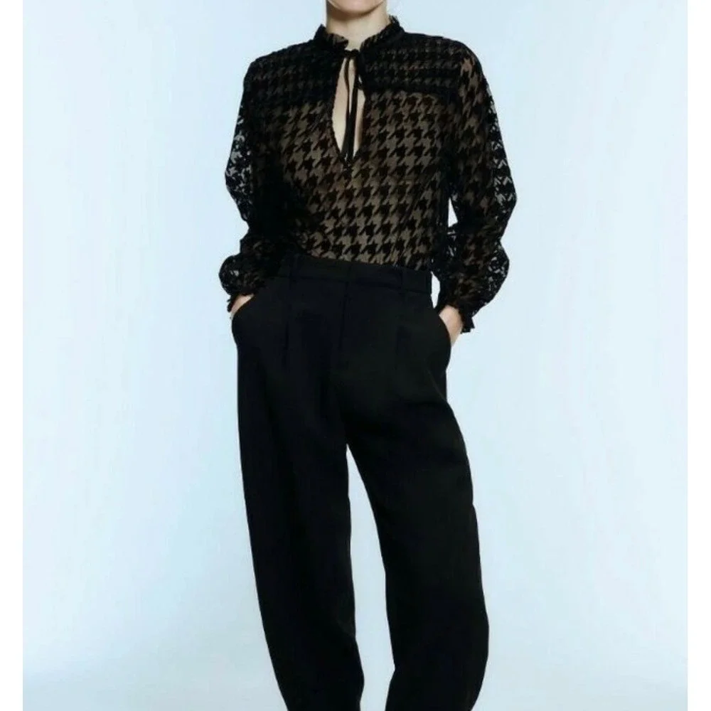 Zara Houndstooth Blouse Sheer Long Sleeve Top Black Semi-Formal‎ Medium